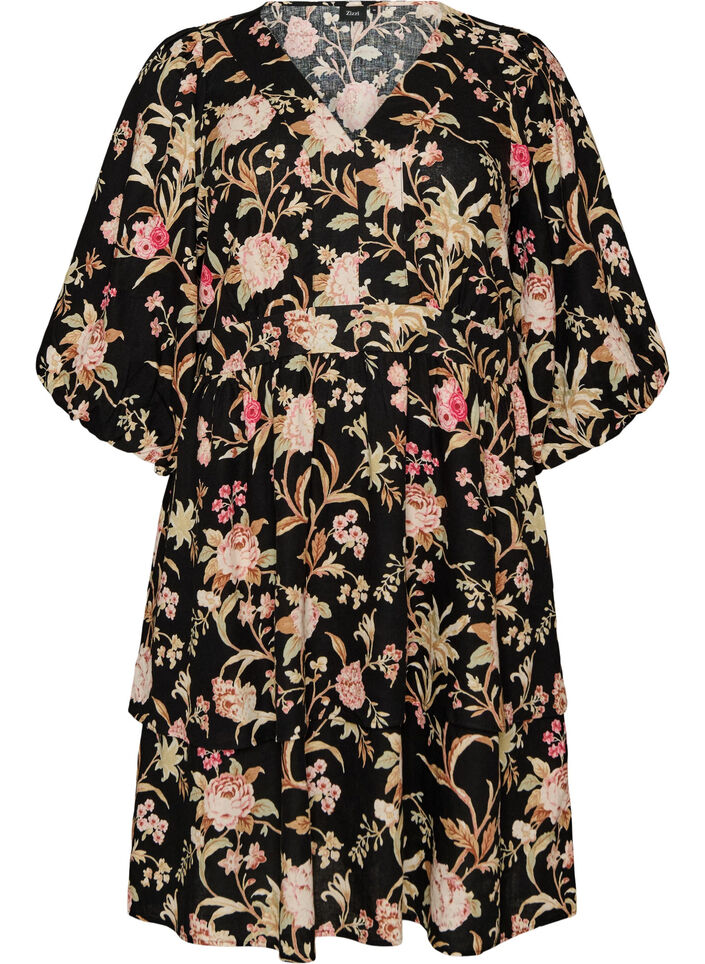 Robe fleurie en lin et viscose avec une taille empire, Noir, Packshot image number 0