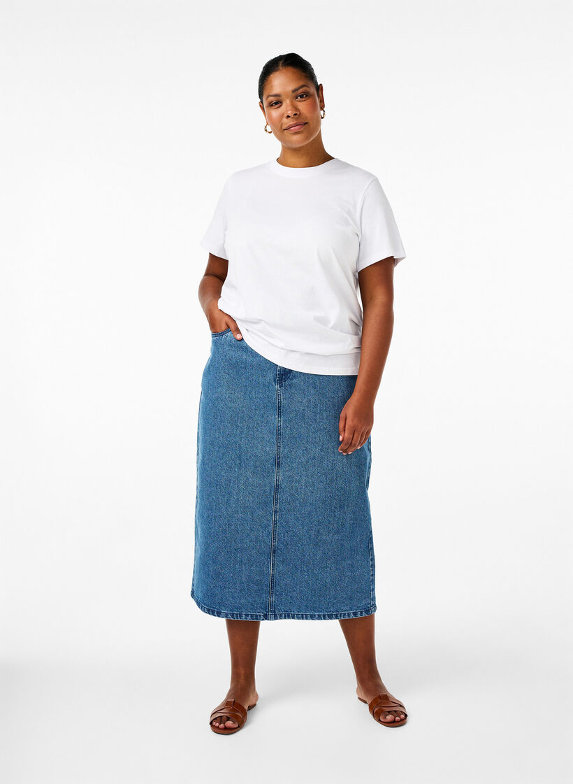 T-shirt basique en coton &agrave; col rond, Blanc, Model