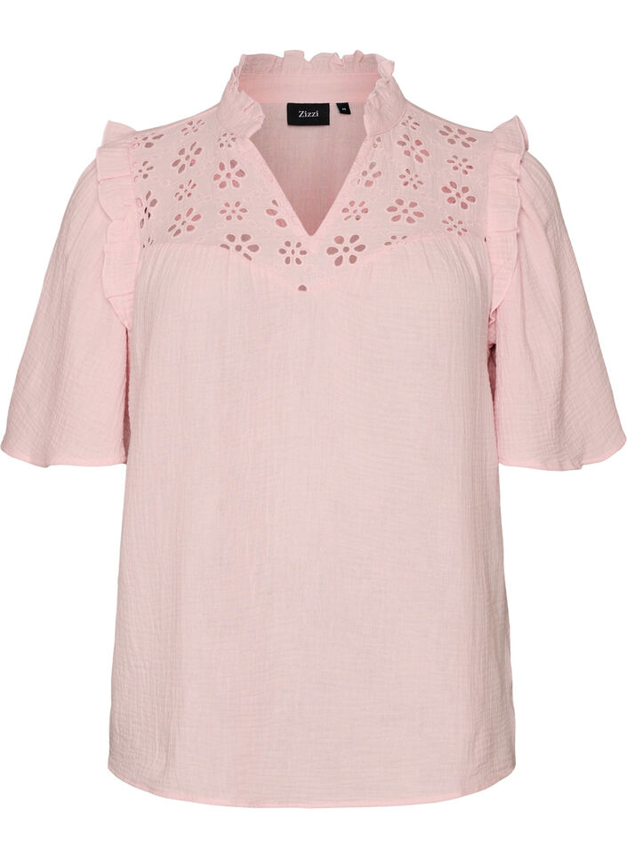 Blouse en mousseline de coton avec broderie anglaise et manches 1/2, Rose, Packshot image number 0