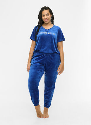 T-shirt en velours avec un col en V, Monaco Blue, Model image number 3