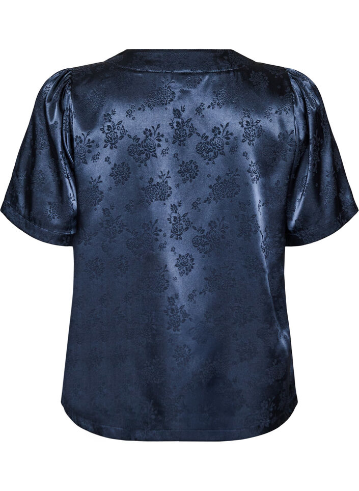 Blouse en satin &agrave; imprim&eacute; floral et col V, Bleu, Packshot image number 1