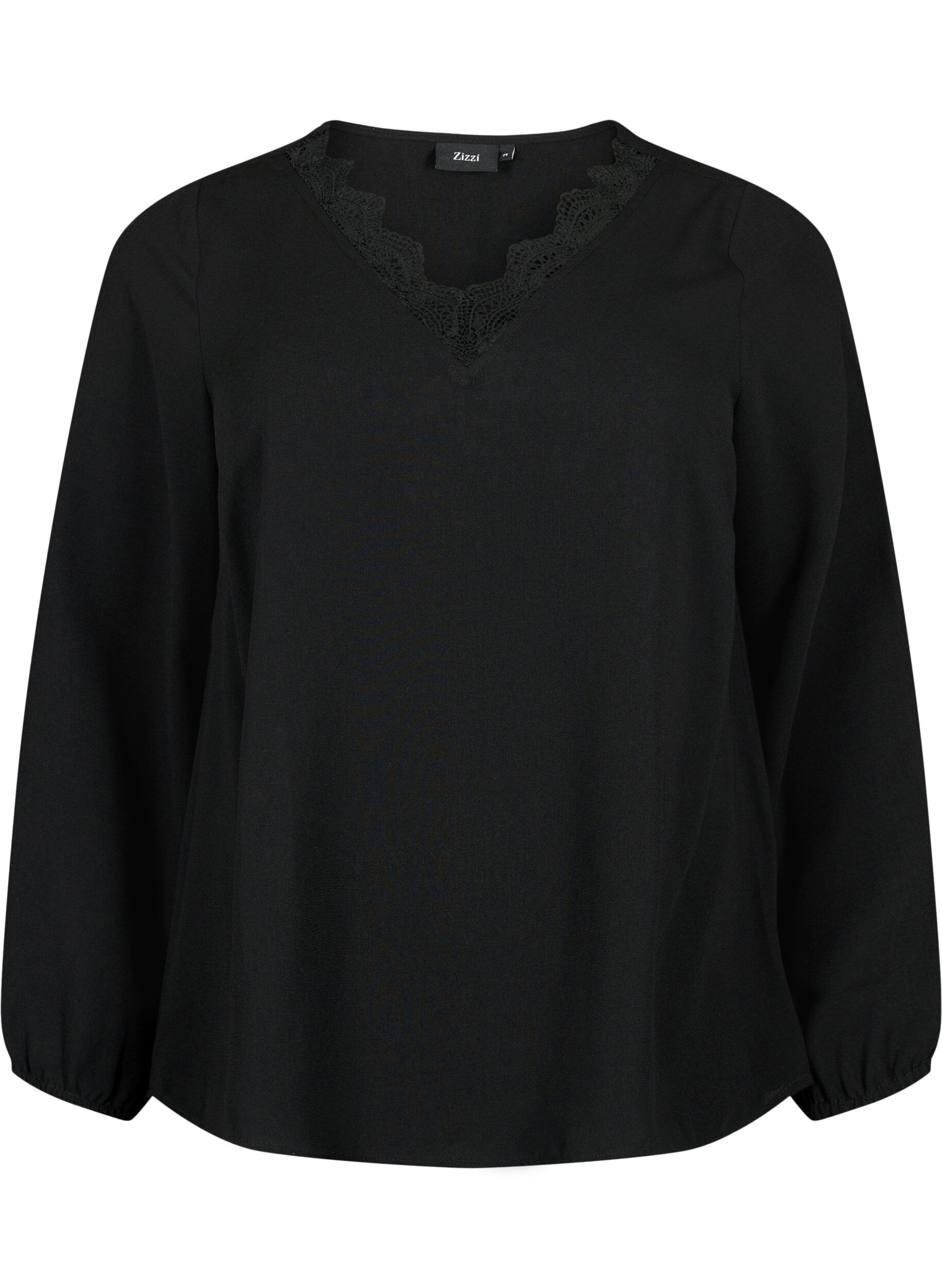 Zizzi Blouse avec col en V et bordure en dentelle, Black, Packshot image number 0