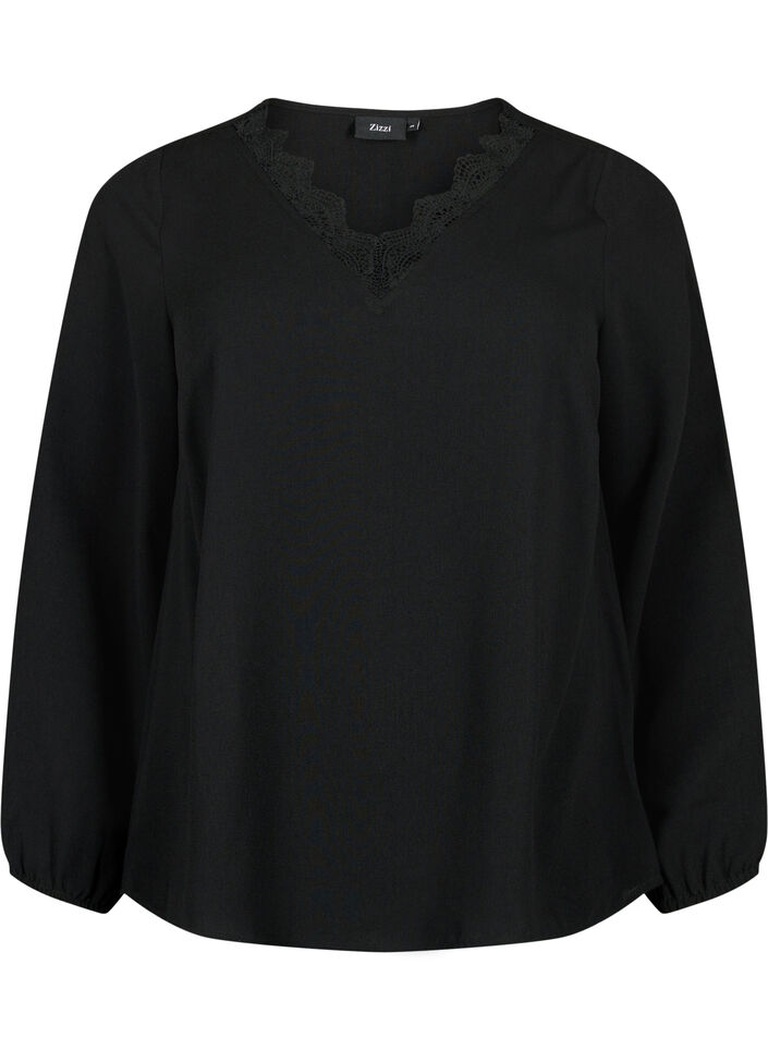 Blouse avec col en V et bordure en dentelle, Black, Packshot image number 0