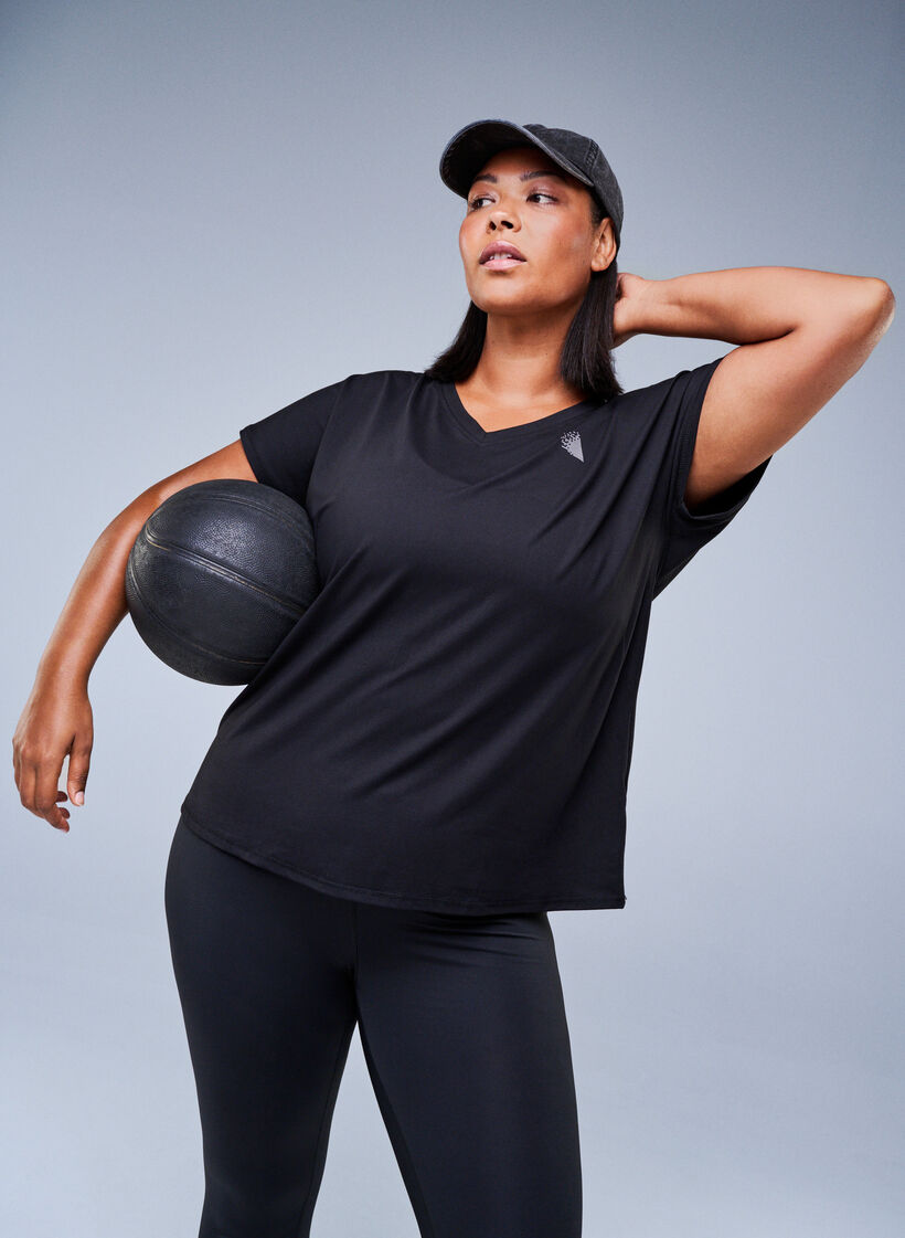 T-shirt de sport ample avec col en v, Noir, Image