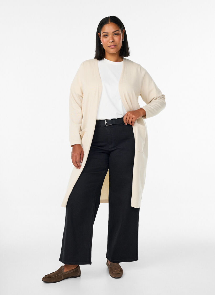 Cardigan long ouvert avec poches, Beige, Model image number 0