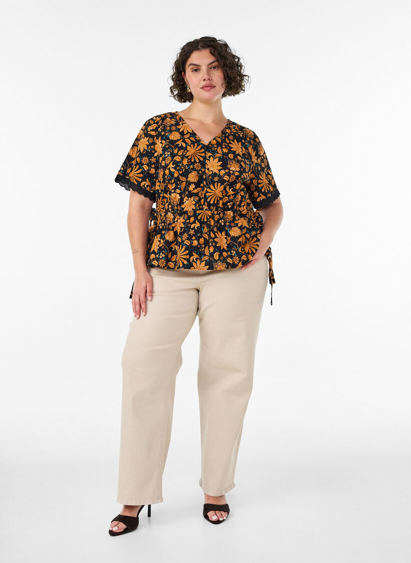 Blouse fleurie en coton avec lien &agrave; nouer, Orange, Model image number 1