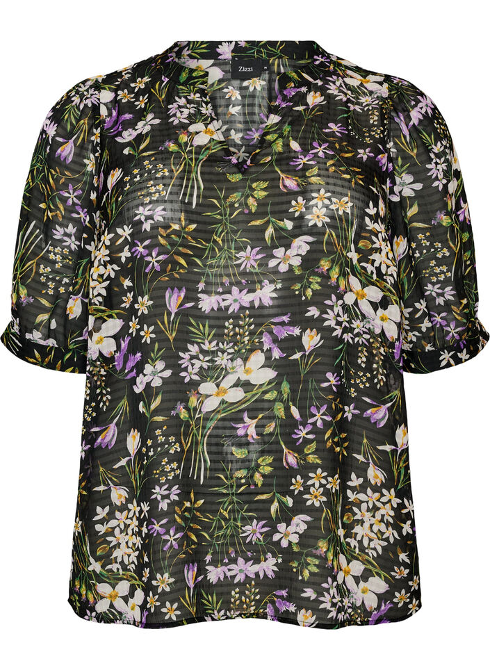 Blouse &agrave; imprim&eacute; floral et col V, Noir, Packshot image number 0