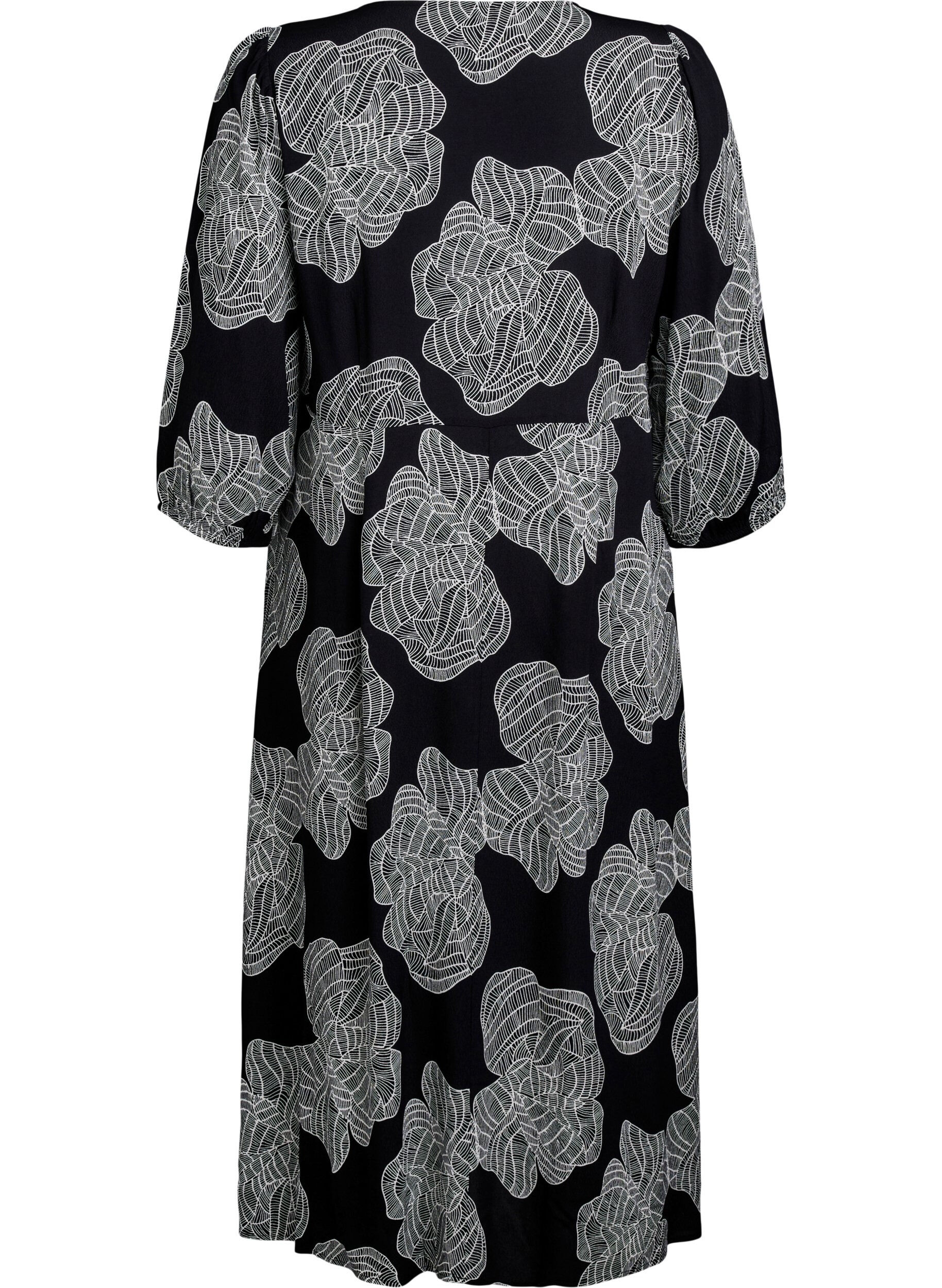 Zizzi Robe mi-longue avec imprim&eacute; floral et manches 3/4, Noir, Packshot image number 1