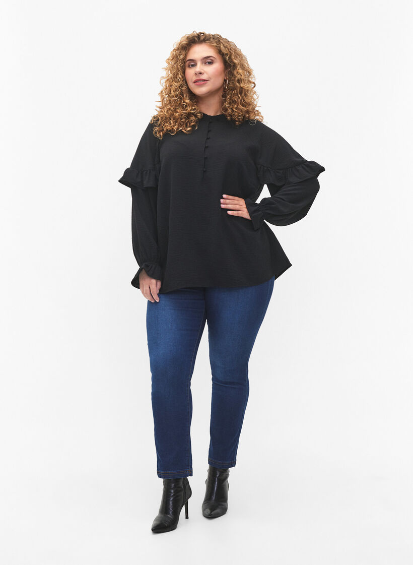 Blouse avec volants et boutons, Black, Model image number 2