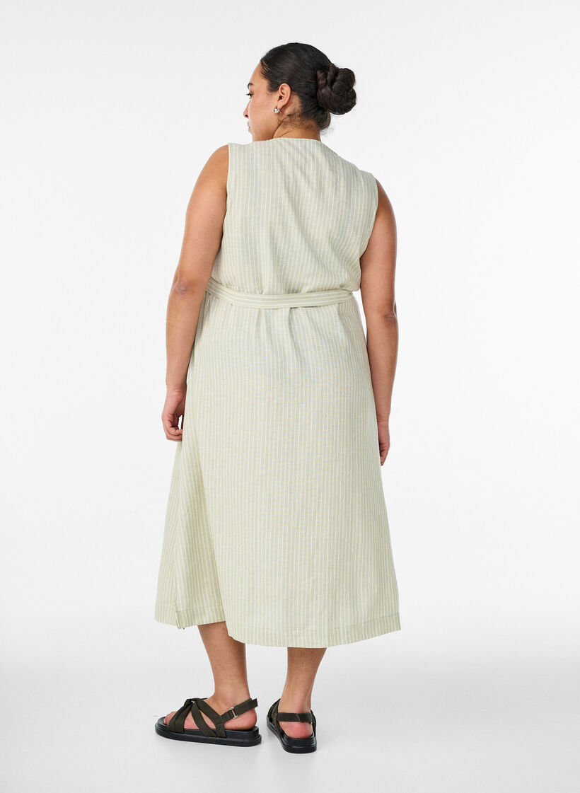 Robe midi sans manches &agrave; rayures en lin et viscose, Vert clair, Model image number 1