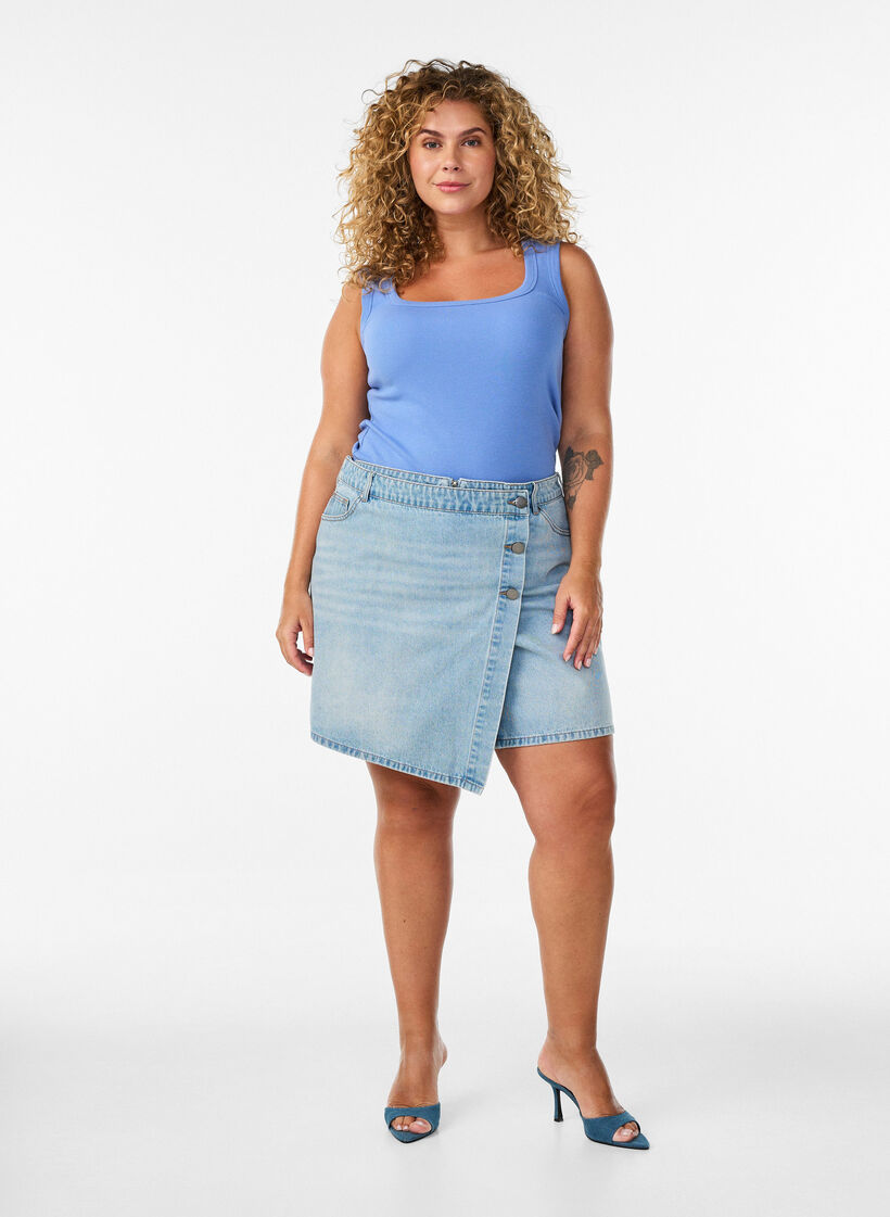Short en denim effet portefeuille et taille haute, Bleu Clair, Model image number 1