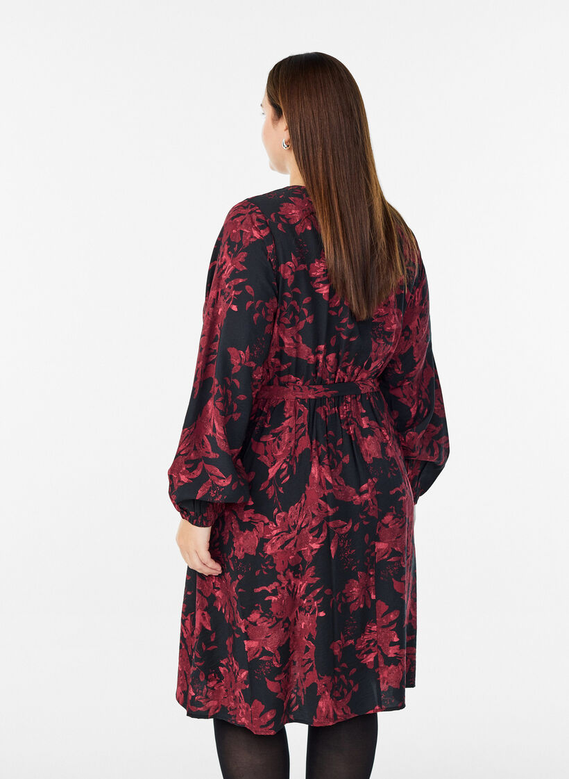 Robe mi-longue avec ceinture à nouer et effet portefeuille, Noir, Model image number 2