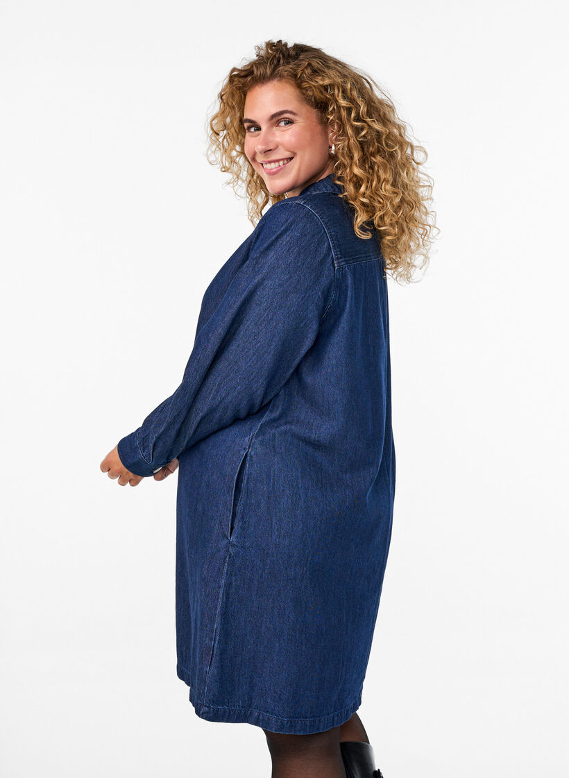 Robe courte en jean avec col et d&eacute;collet&eacute; en V, Bleu, Model image number 2