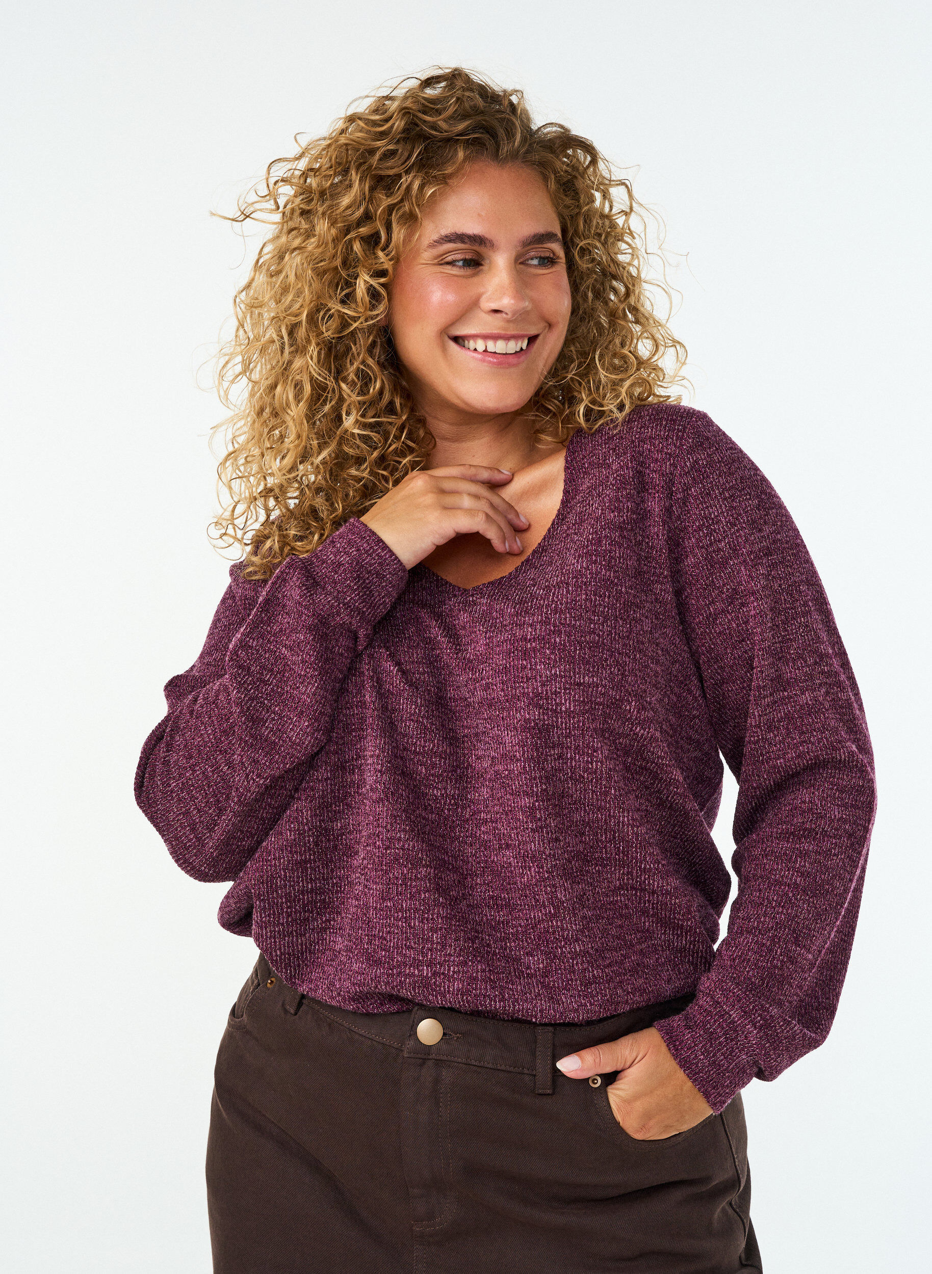 ZizziBlouse en jersey avec col en V et manches longues, Bordeaux fonc&eacute;, Model image number 0