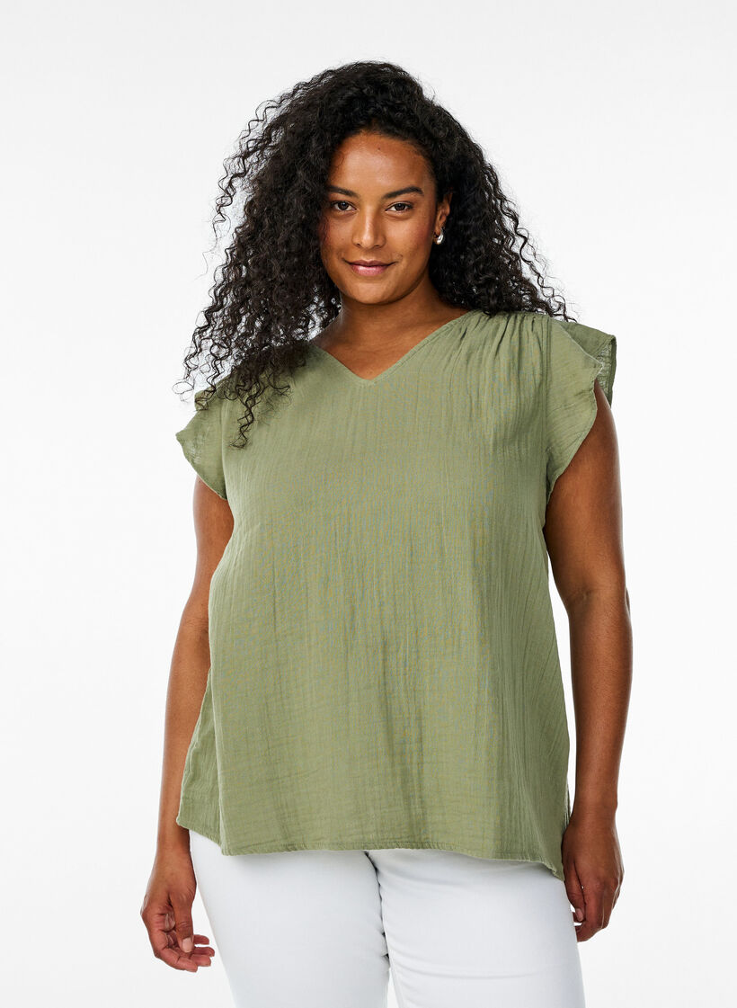 Top sans manches en mousseline de coton avec volants, Vert, Model image number 0