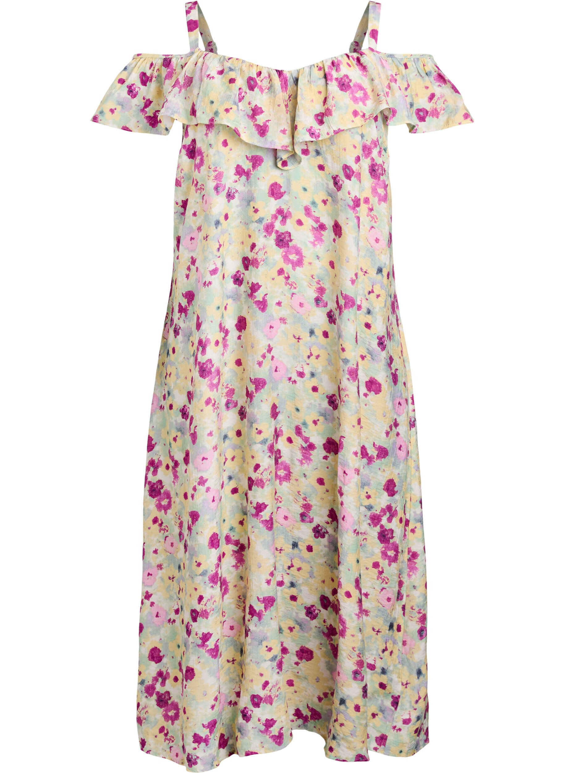 Robe midi florale avec volants et &eacute;paules d&eacute;nud&eacute;es