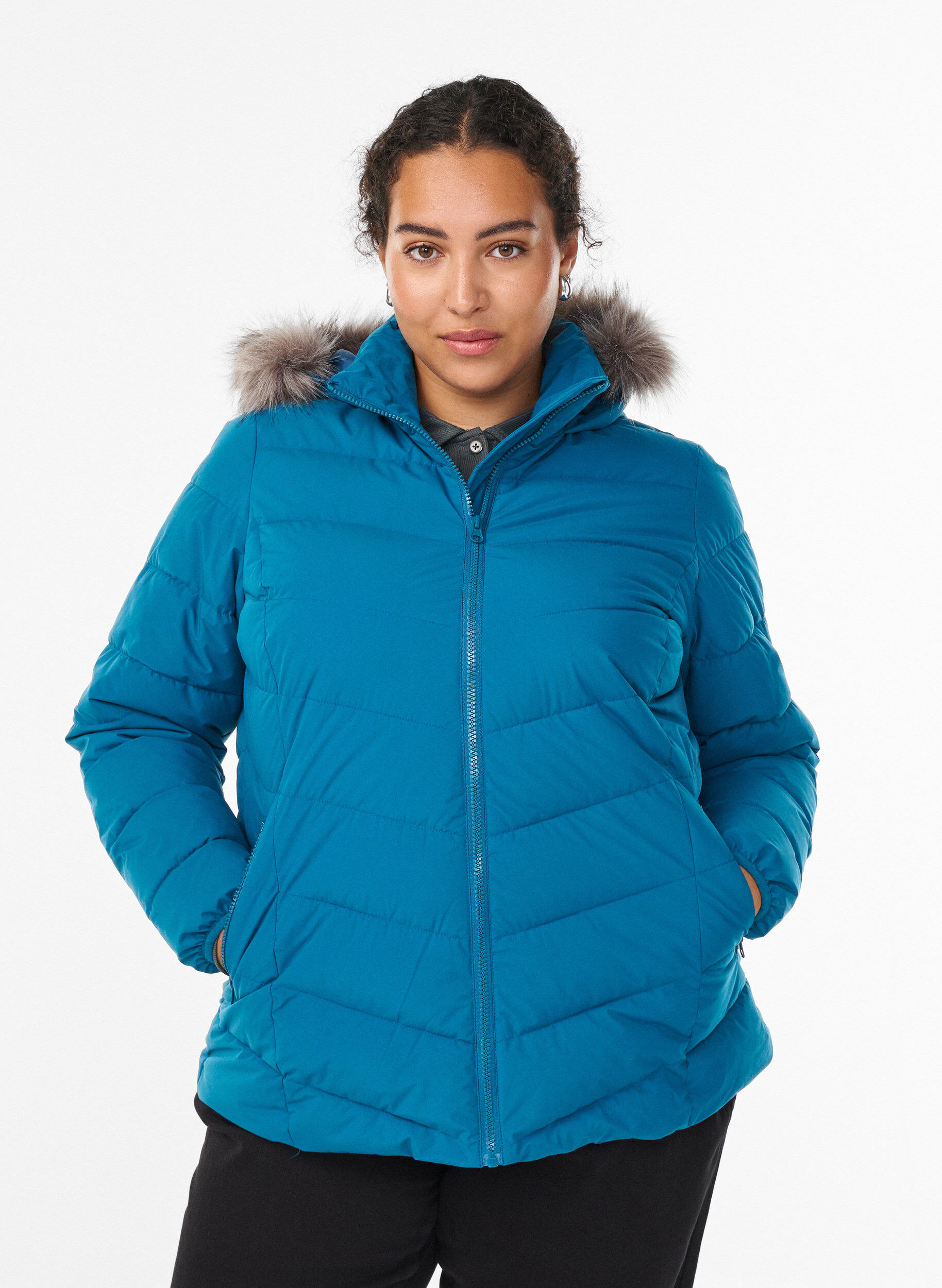 Veste courte &agrave; capuche, Bleu p&eacute;trole, Model