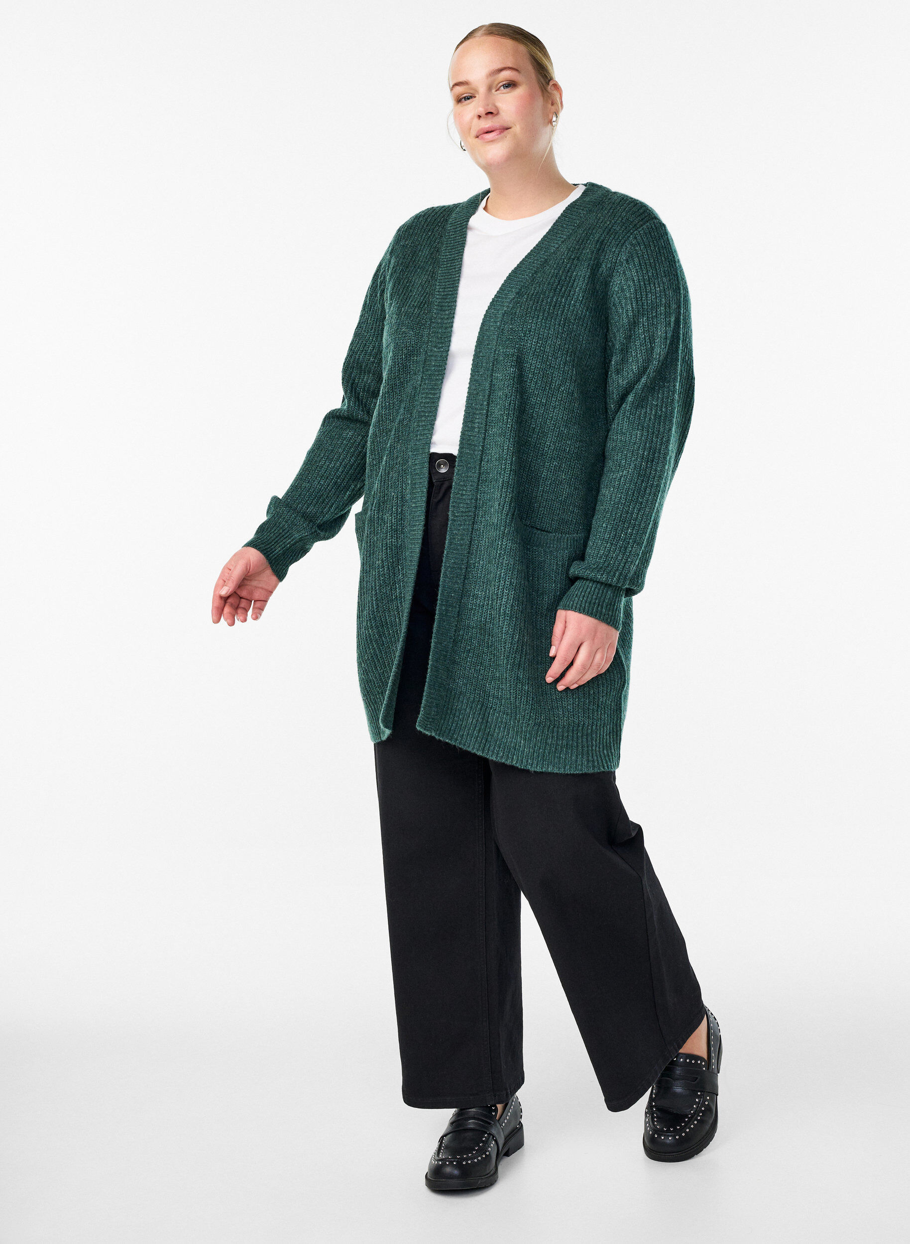 Zizzi FLASH - Cardigan long en maille c&ocirc;tel&eacute;e avec poches, Vert fonc&eacute;, Model image number 1
