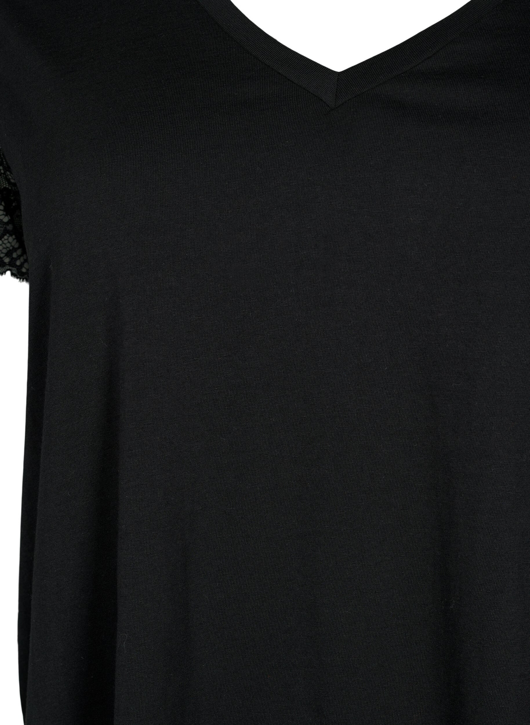 Zizzi T-shirt en coton avec manches courtes en dentelle, Noir, Packshot image number 2