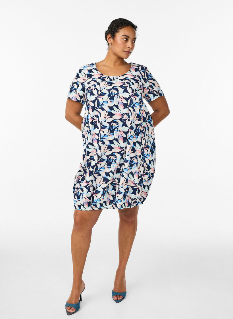 Robe en coton &agrave; manches courtes avec imprim&eacute;, Bleu, Model image number 1