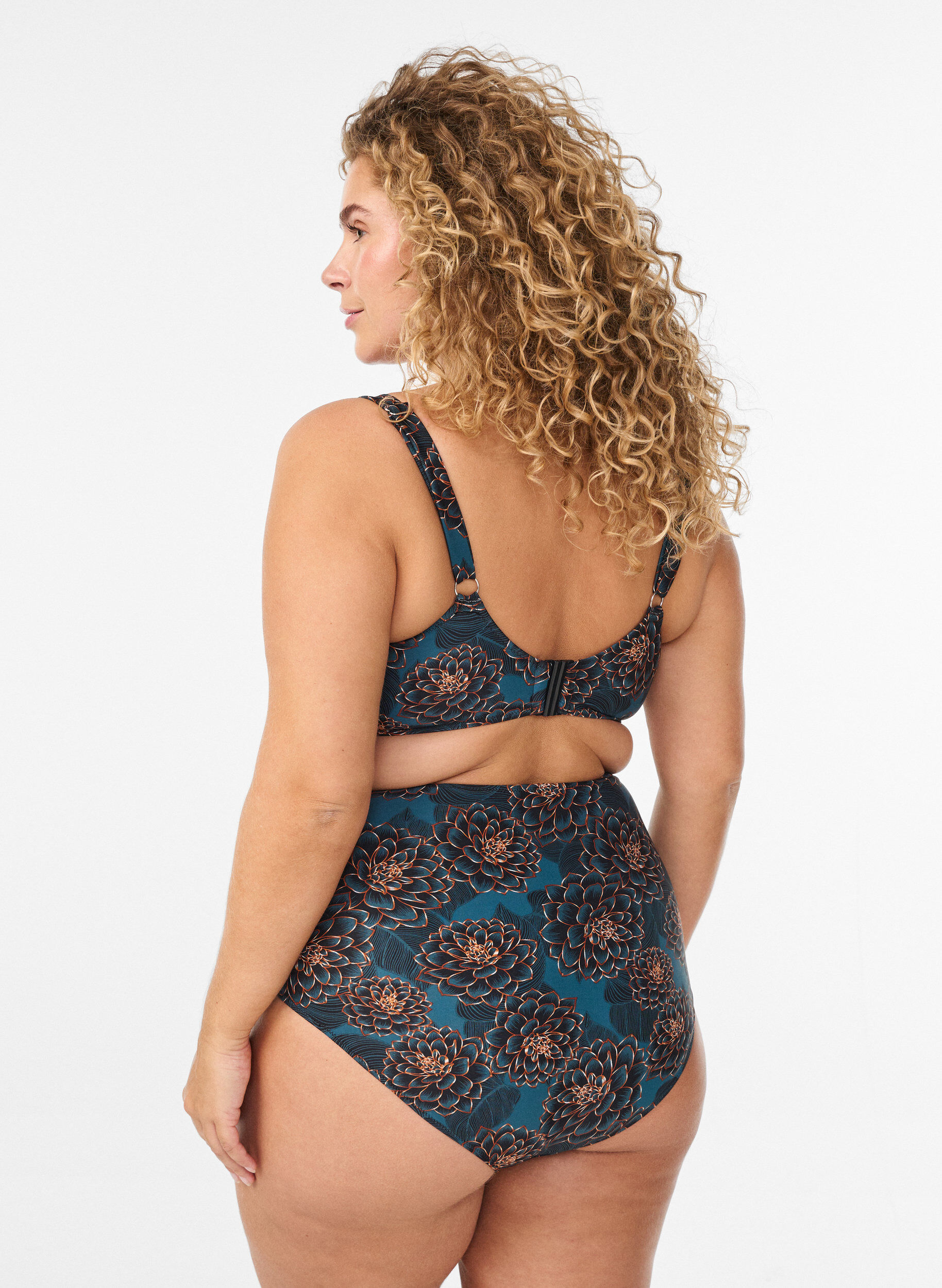 Zizzi Culotte de bikini imprim&eacute;e et taille haute, Bleu p&eacute;trole, Model image number 1
