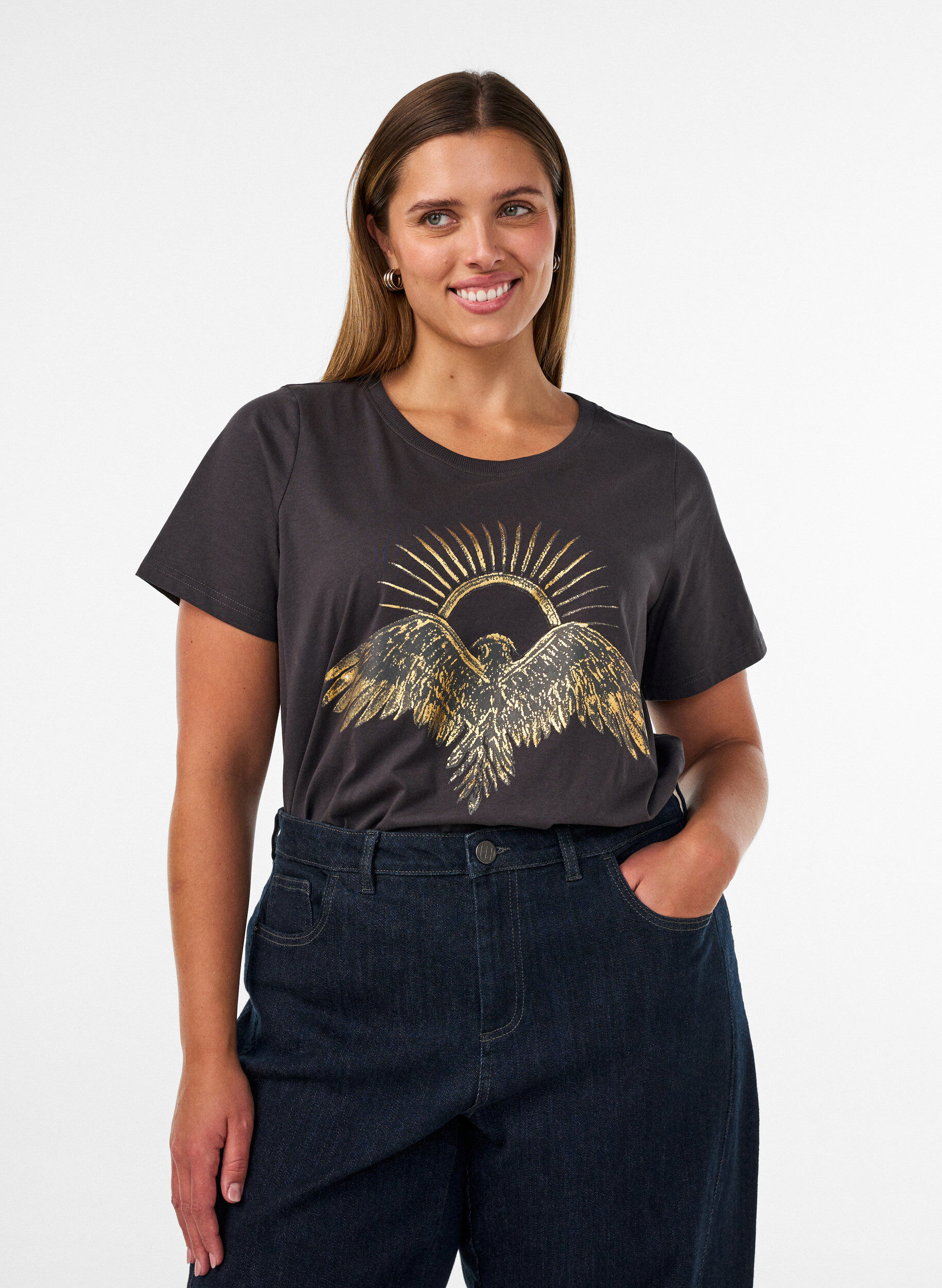 T-shirt en coton avec imprim&eacute; devant, Gris anthracite, Model