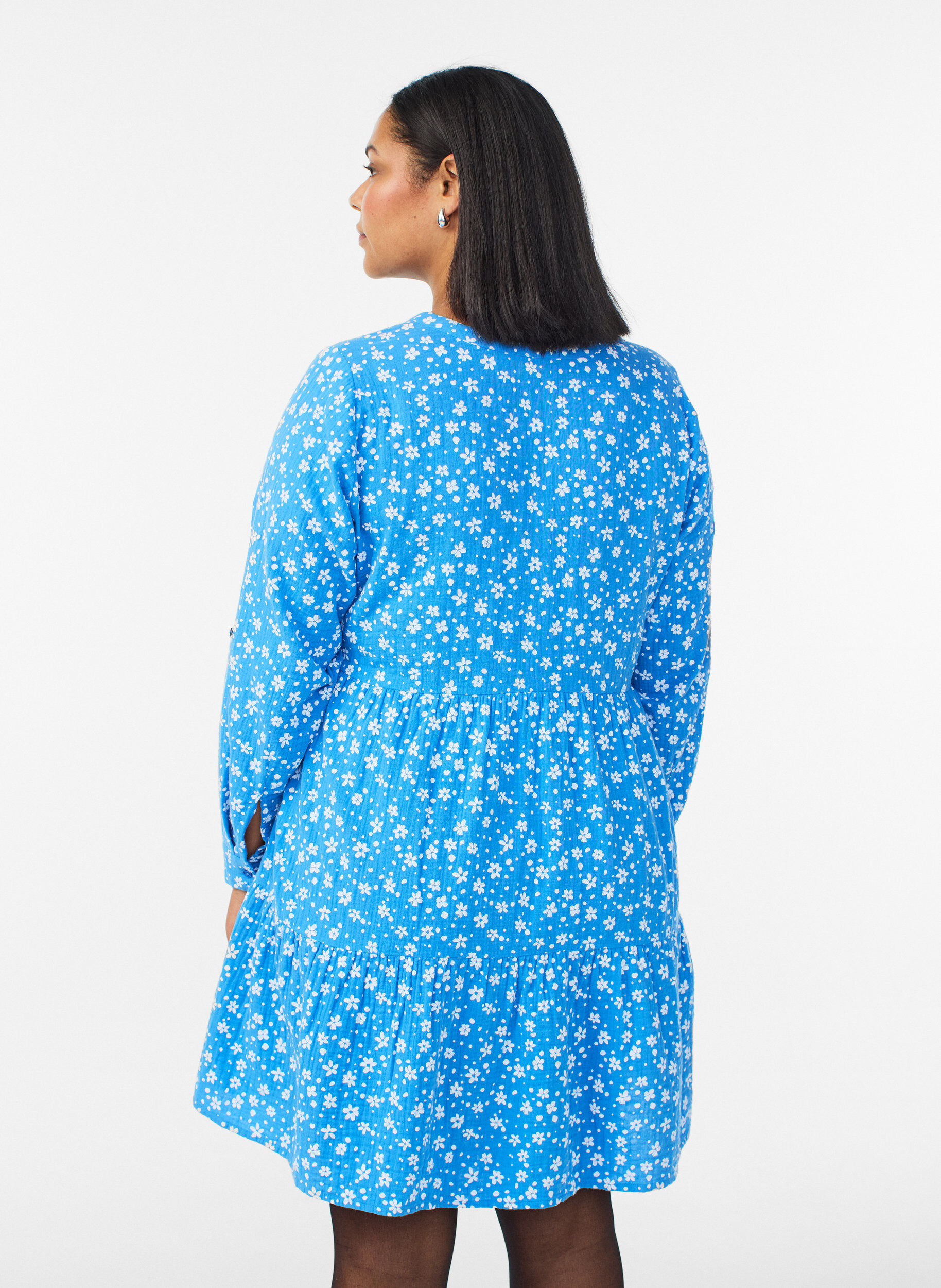Zizzi Robe courte en mousseline de coton &agrave; motif, Bleu, Model image number 2