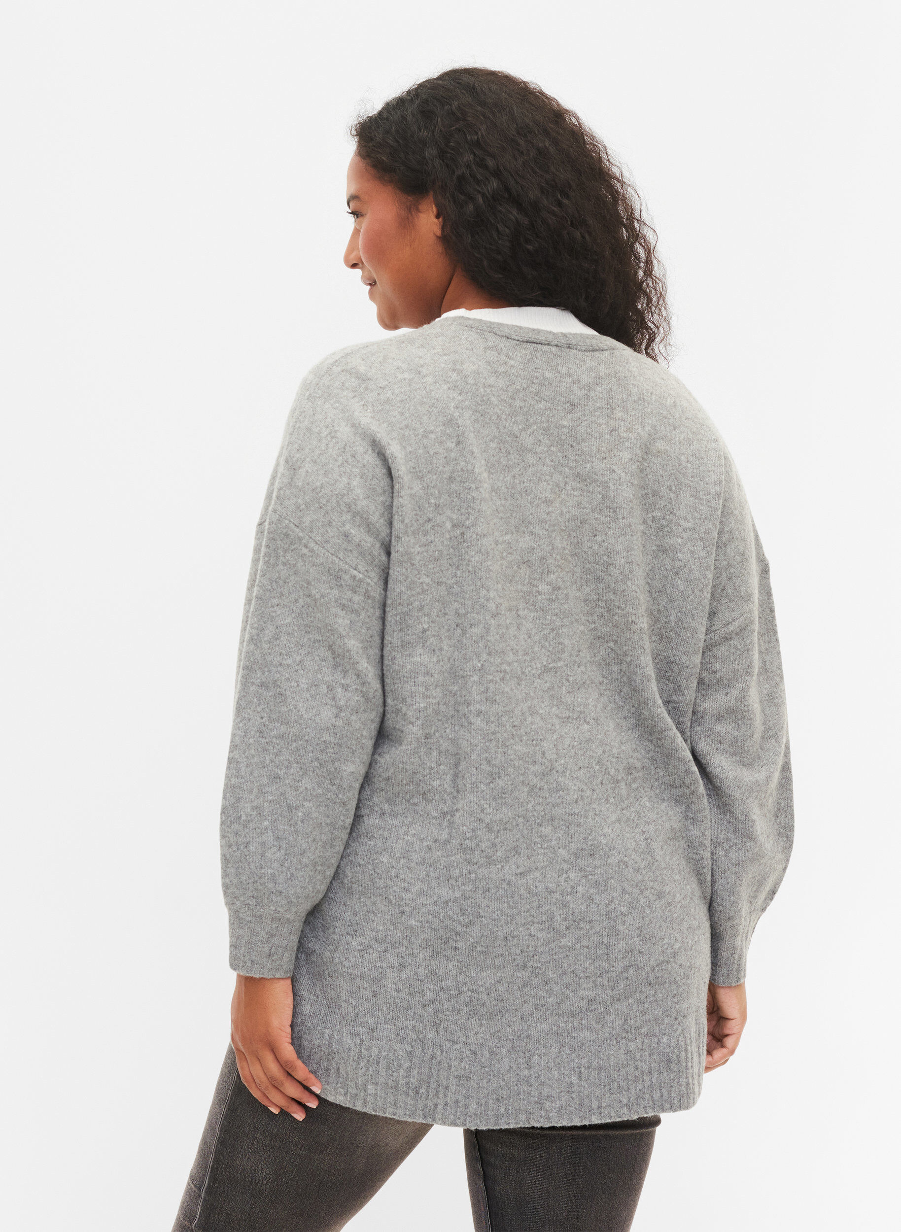 Zizzi Long cardigan en maille &agrave; fermeture &Eacute;clair et poches, Medium Grey Melange, Model image number 1