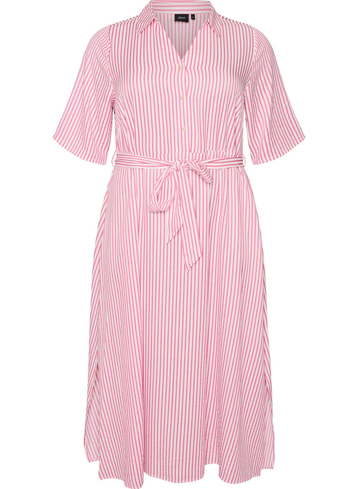 Robe-chemise longue jusqu&rsquo;aux chevilles avec ceinture &agrave; nouer et rayures, Rose, Packshot image number 0