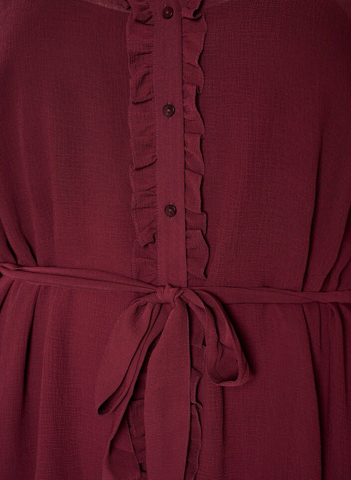 Robe en tissu tiss&eacute; l&eacute;ger avec des volants et une ceinture &agrave; nouer, Bordeaux, Packshot image number 2