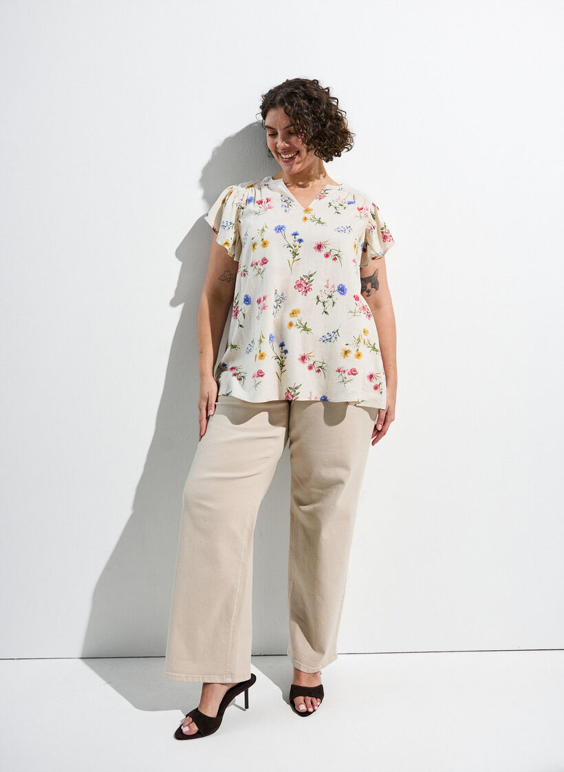 Blouse en viscose et lin avec manches &agrave; volants, Beige, Image image number 0