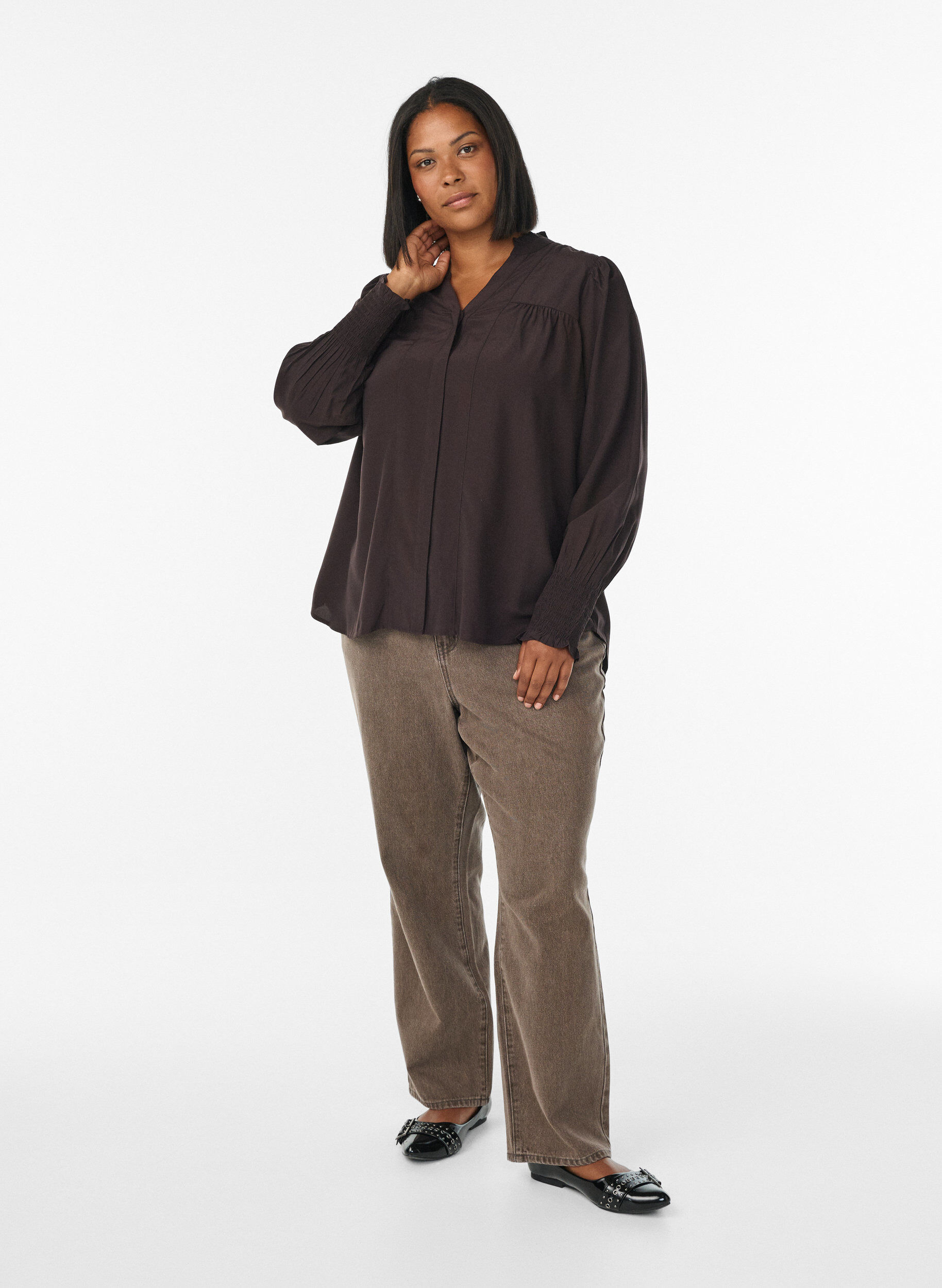 Zizzi Blouse avec col &agrave; volants et fronces, Marron, Model image number 1