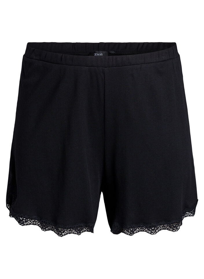 Short de nuit ample &agrave; texture c&ocirc;tel&eacute;e et bordure en dentelle, Noir, Packshot image number 0