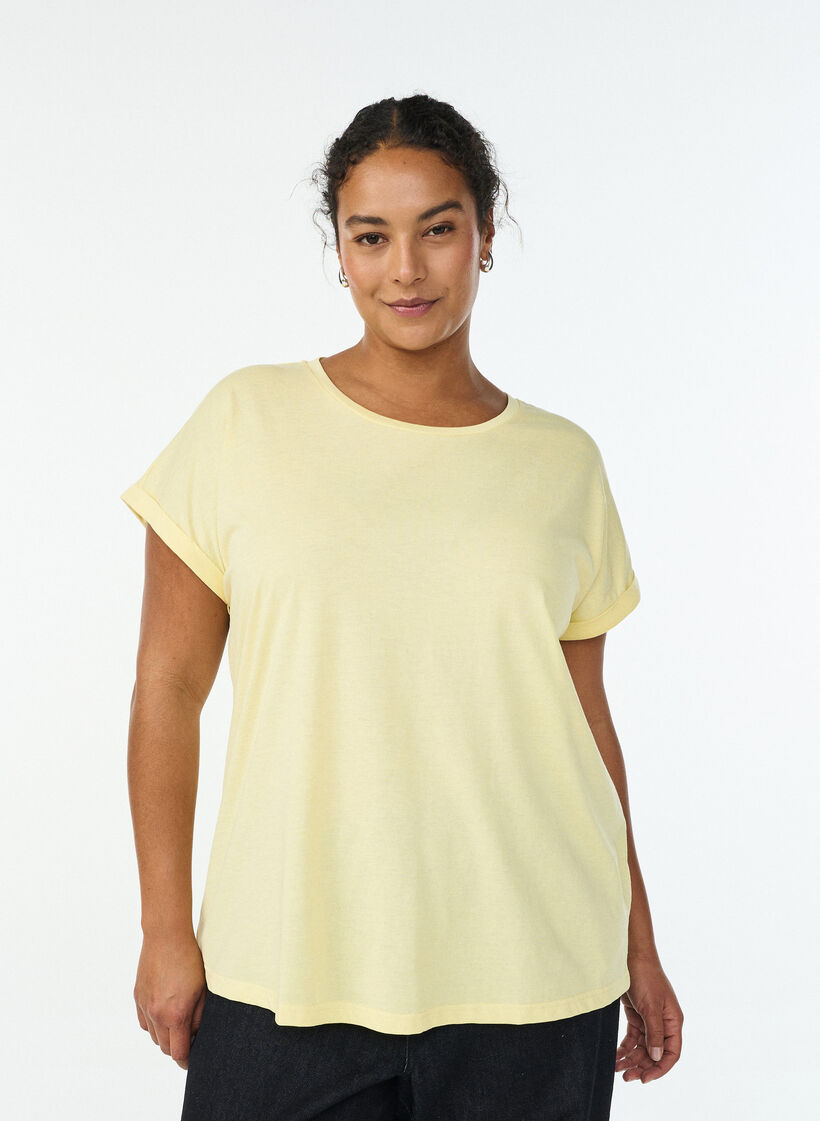 T-shirt &agrave; manches courtes en m&eacute;lange de coton, Jaune clair, Model image number 0