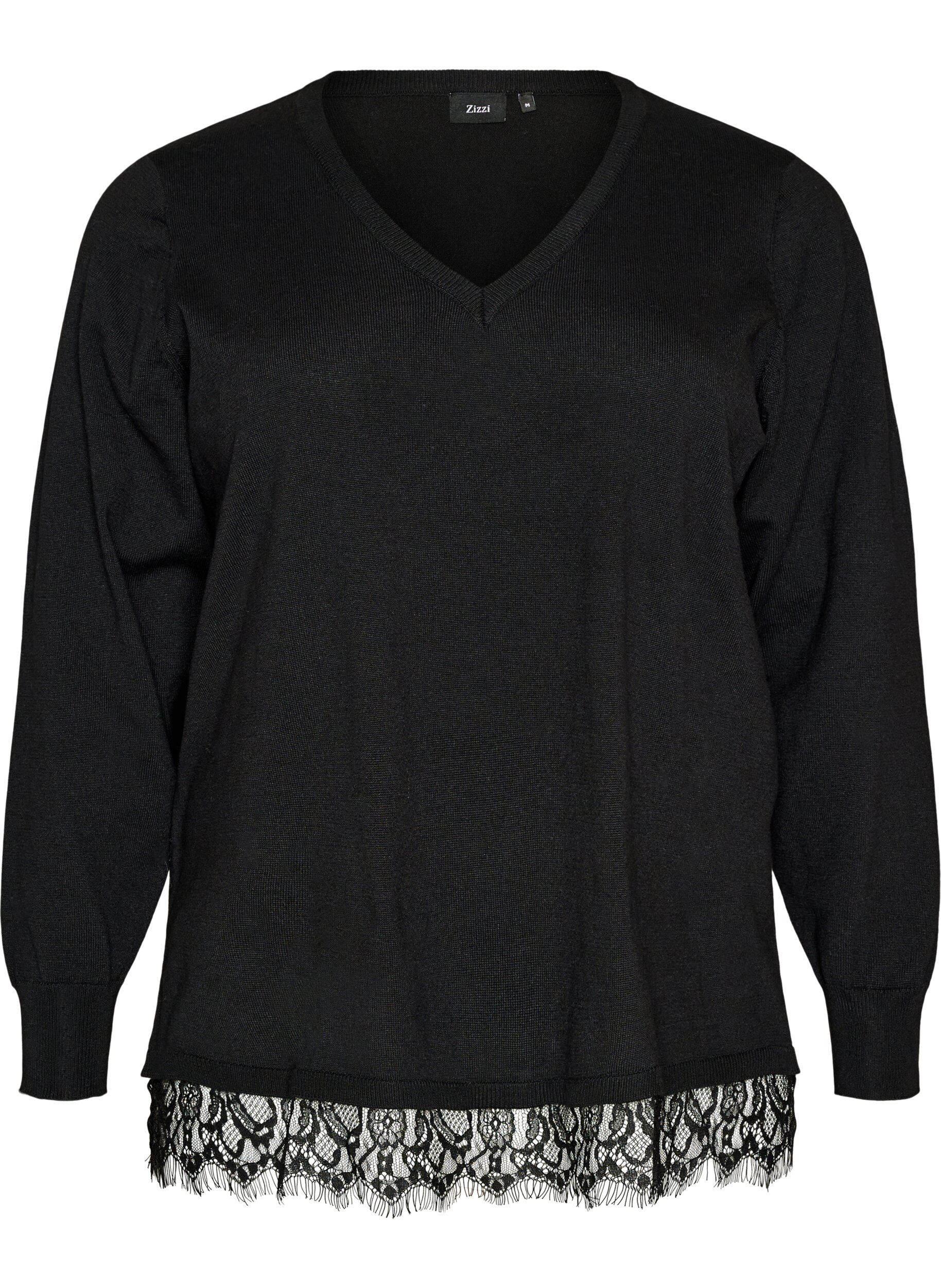 ZizziBlouse en maille avec col en V et finitions en dentelle, Noir, Packshot image number 0