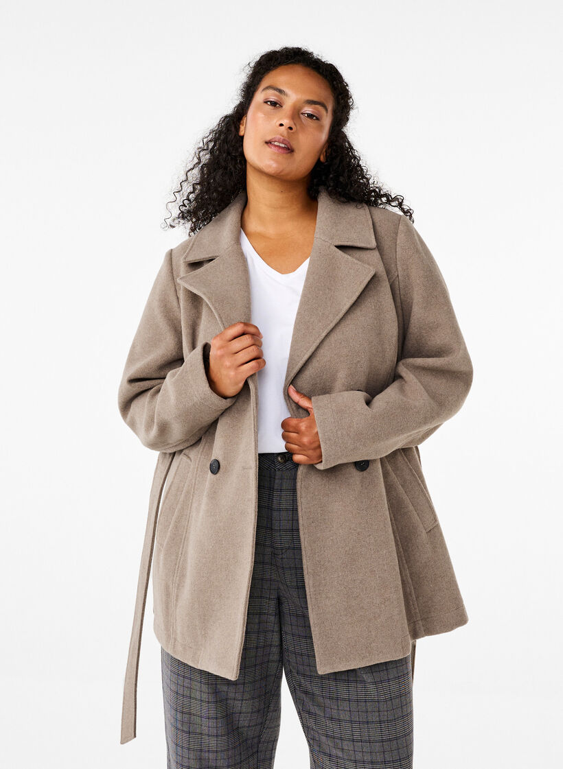 Veste courte en laine avec ceinture, Desert Taupe Mel., Model image number 0
