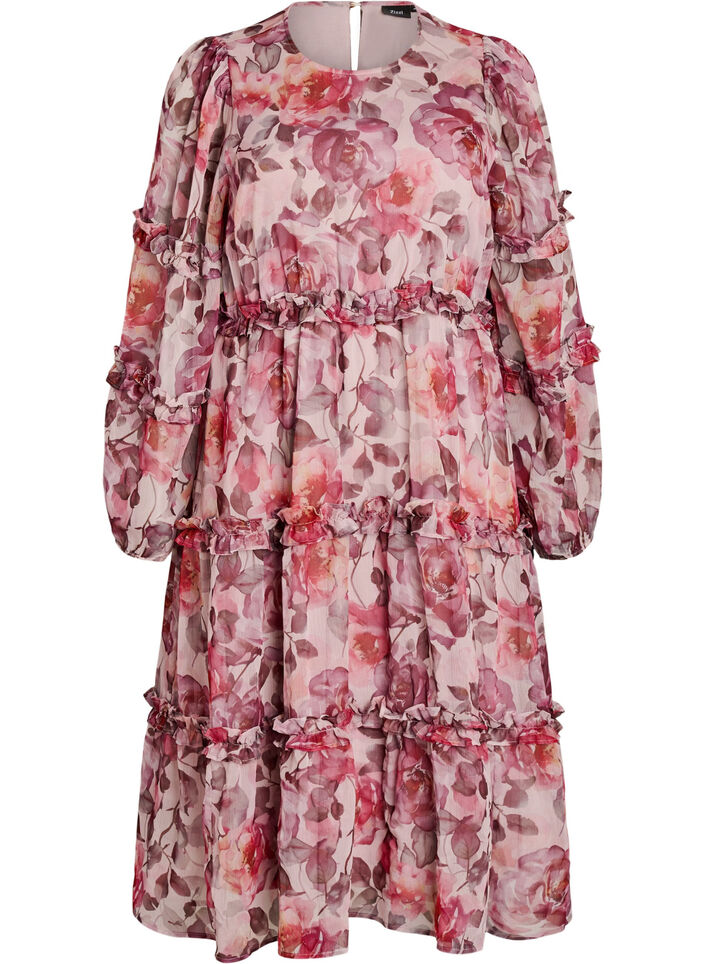 Robe midi &agrave; fleurs avec volants et manches transparentes, Rose, Packshot image number 0