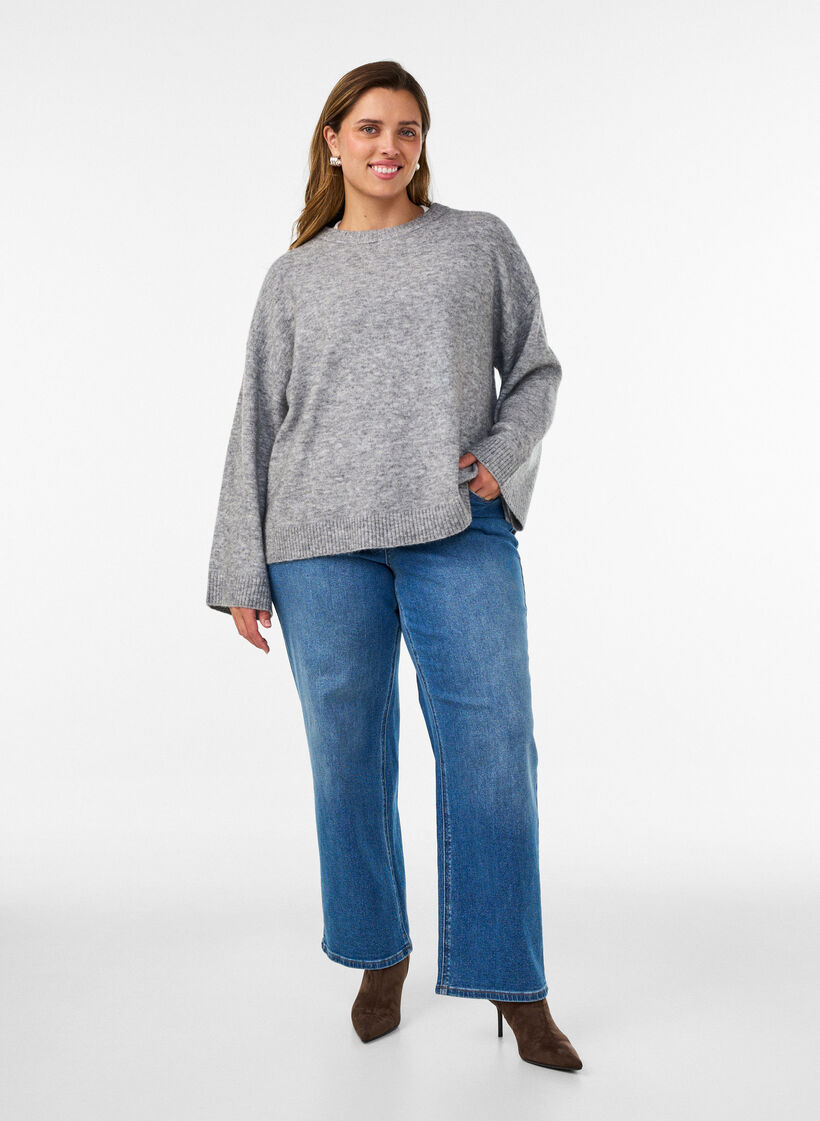 Blouse ample tricot&eacute;e en alpaga et laine, Gris, Model image number 1