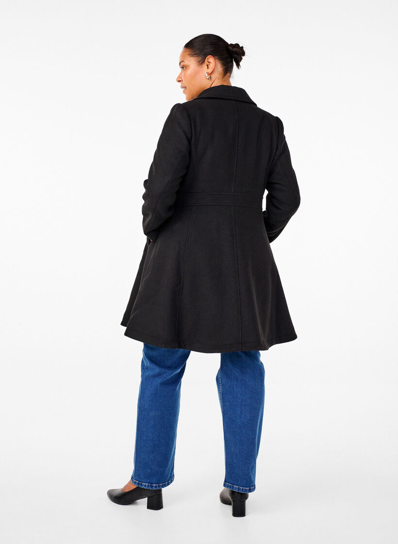 Manteau en laine coupe A avec poches, Noir, Model image number 2
