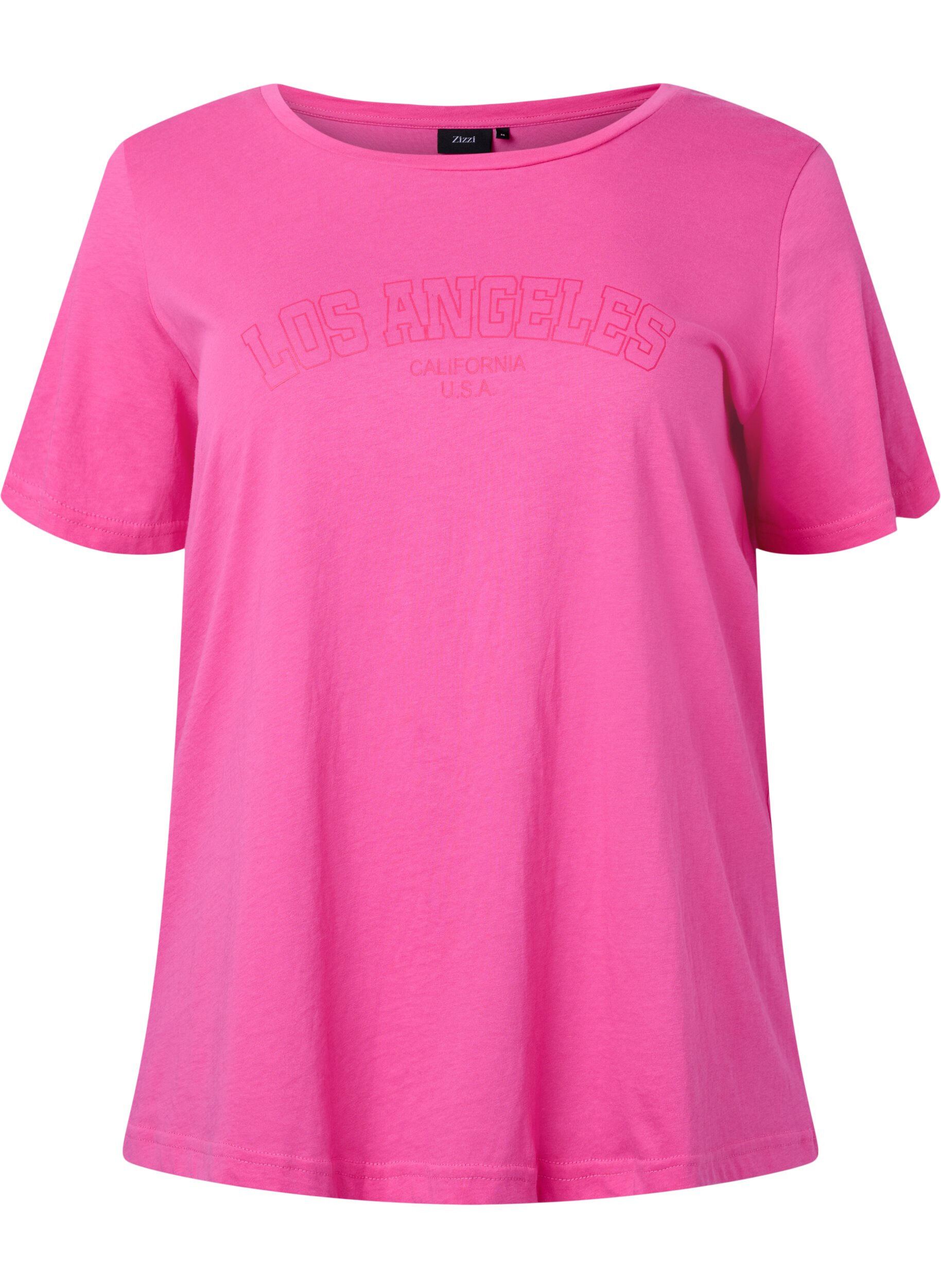 Zizzi T-shirt en coton avec texte imprim&eacute;, Shocking Pink W. LOS, Packshot image number 0