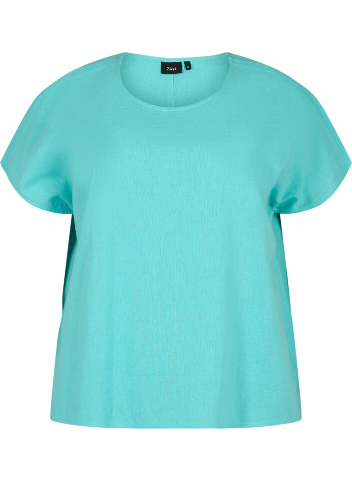 Blouse à manches courtes en coton mélangé avec du lin, Turquoise, Packshot image number 0