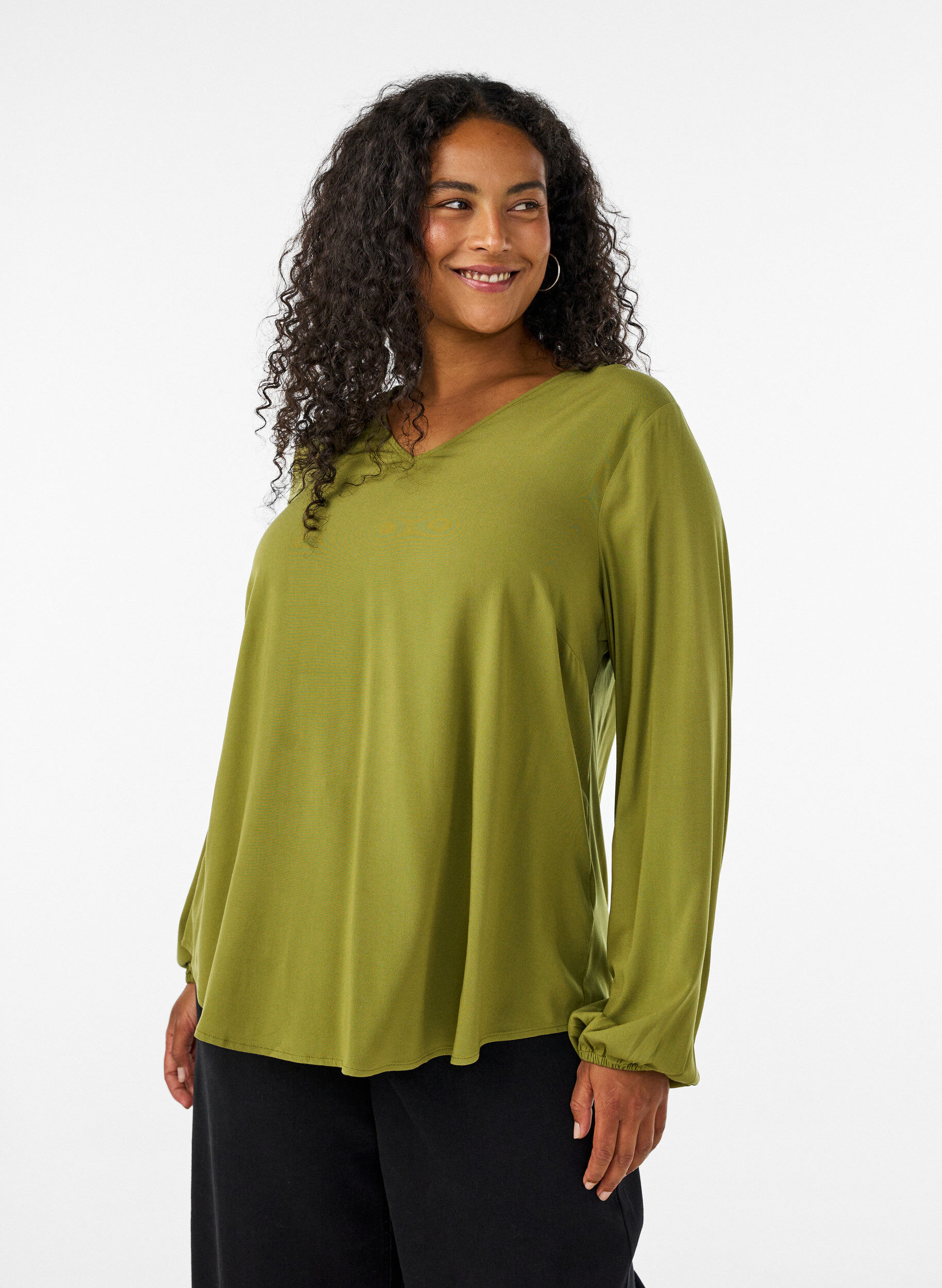 ZizziBlouse en viscose avec col en V et manches longues, Vert, Model image number 0
