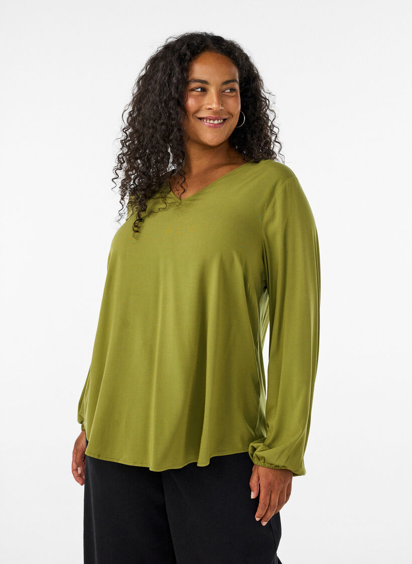 Blouse en viscose avec col en V et manches longues, Vert, Model image number 0
