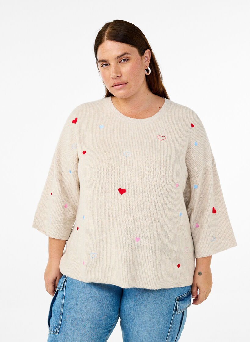 Chemisier en jersey avec des c&oelig;urs et manches 3/4, Beige, Model image number 0