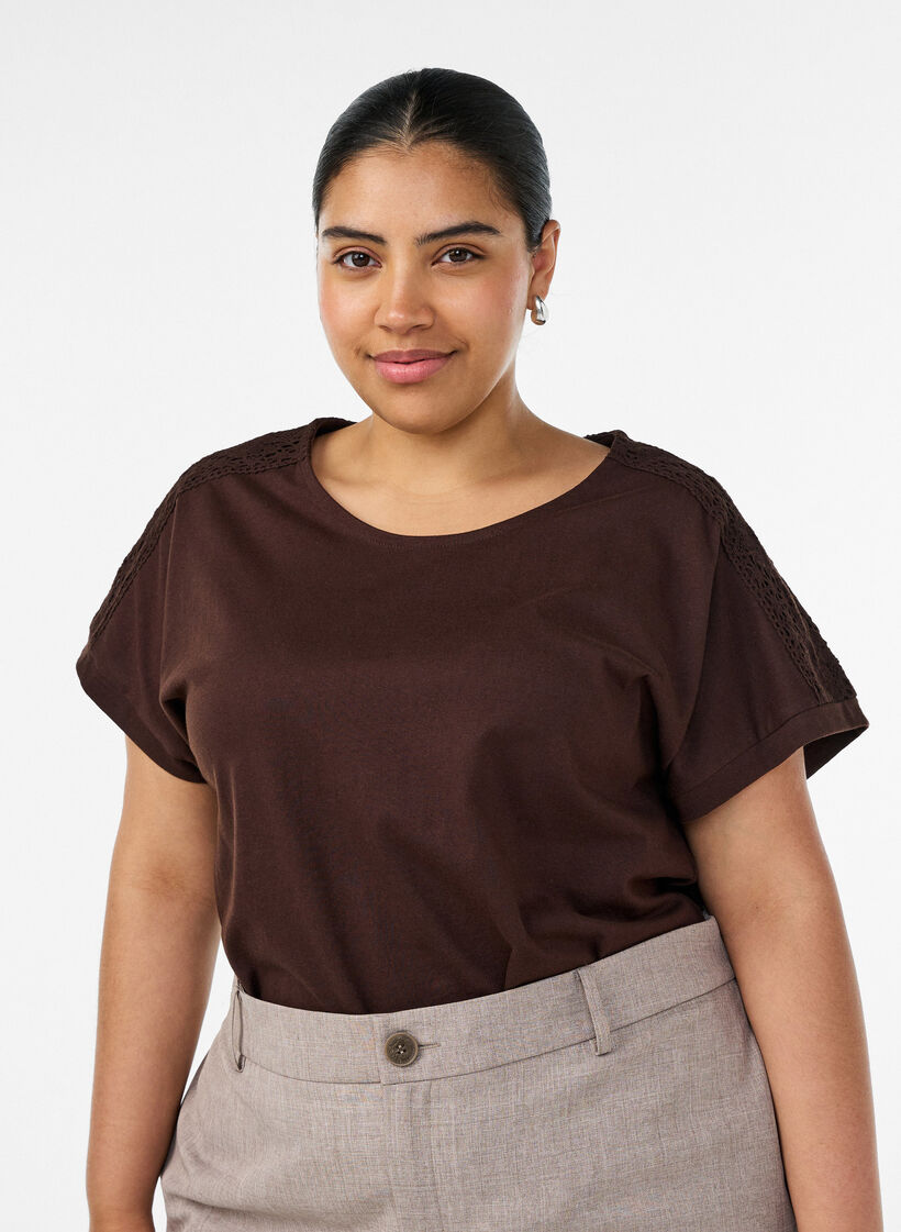 T-shirt en coton avec d&eacute;tails en crochet, Marron, Model image number 0