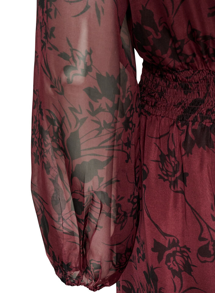 Robe maxi avec imprim&eacute; floral et smocks, Bordeaux fonc&eacute;, Packshot image number 3