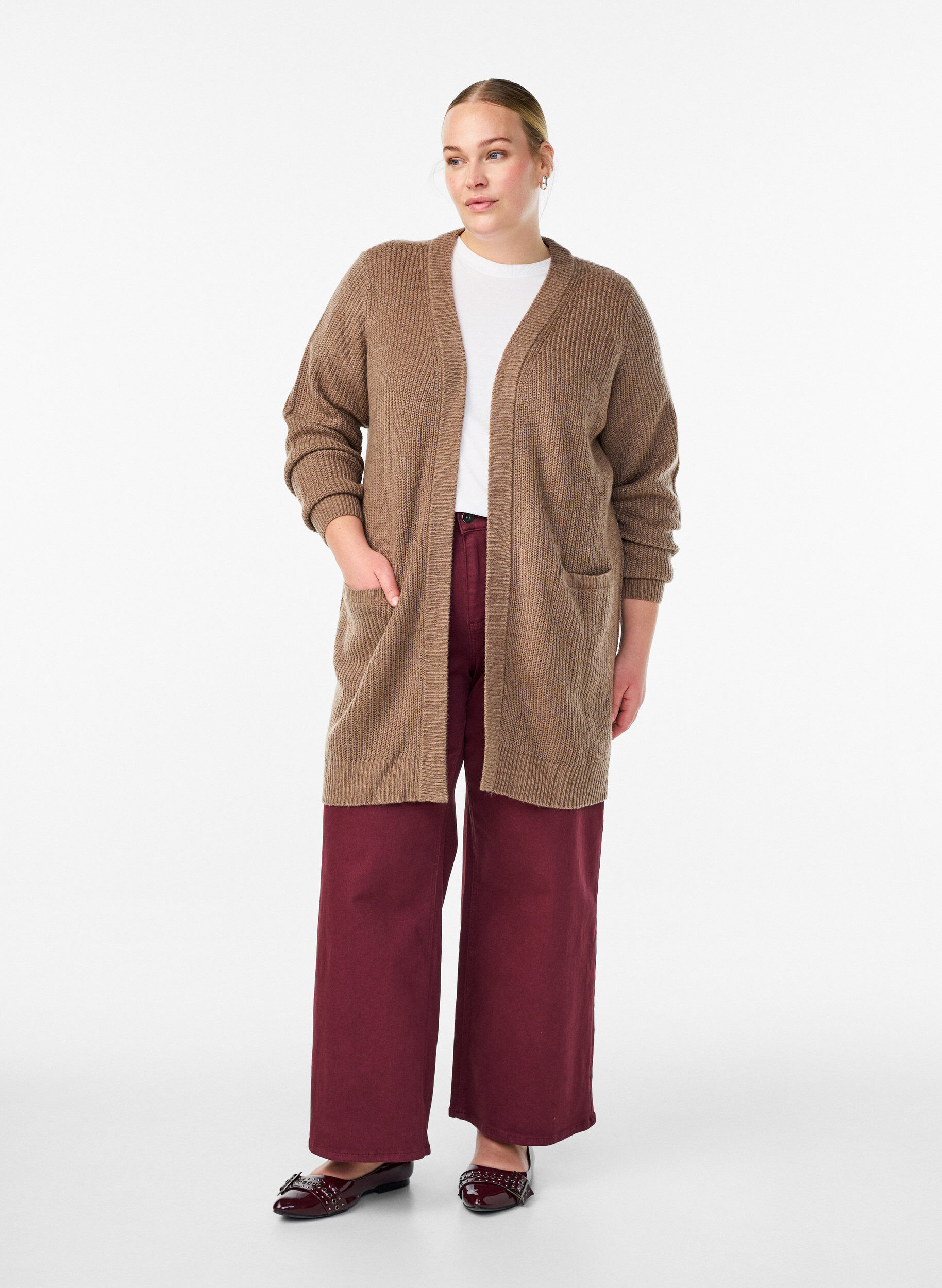 Zizzi FLASH - Cardigan long en maille c&ocirc;tel&eacute;e avec poches, Marron, Model image number 1