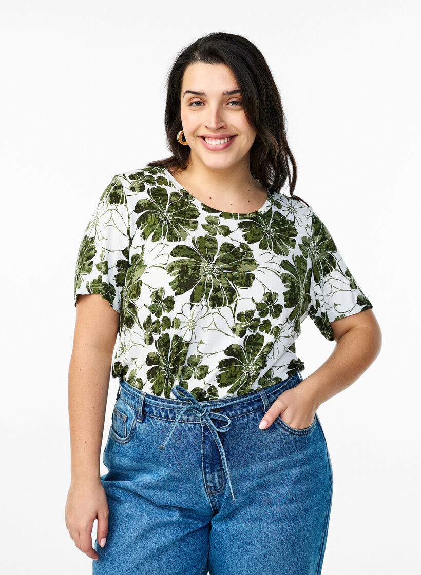 T-shirt avec imprimé floral, Vert, Model image number 0