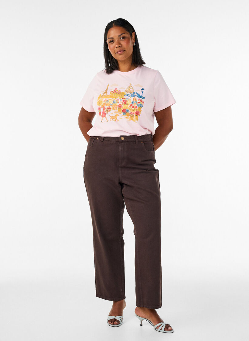 T-shirt en coton bio avec imprim&eacute; sur le devant, Rose, Model image number 1