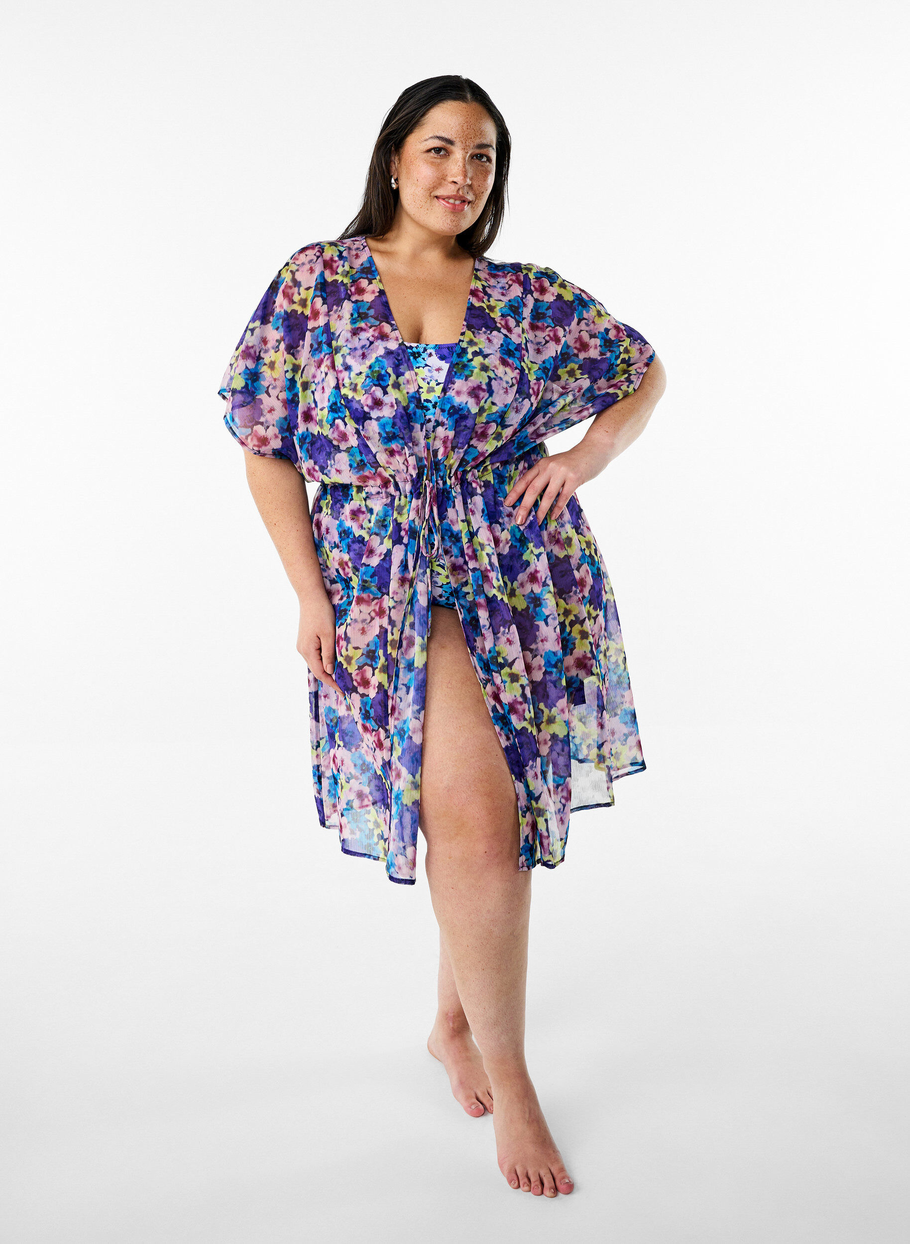 Zizzi Kimono de plage avec imprim&eacute;, Bleu, Model image number 0